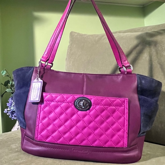 COACH Park Quilted CARRIE Colorblock Pink/Purple/Navy Leather Suede Shoulder Bag - Picture 1 of 11